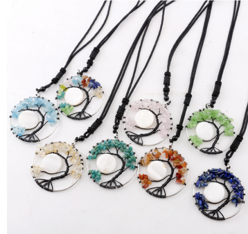 Black Wire Chip Crystal Moon Life of Tree Pendant Necklace