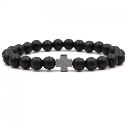 Fashion 8MM Black Matte Agate Cross Beaded Bracelet GemStone Mala Prayer Jewelry