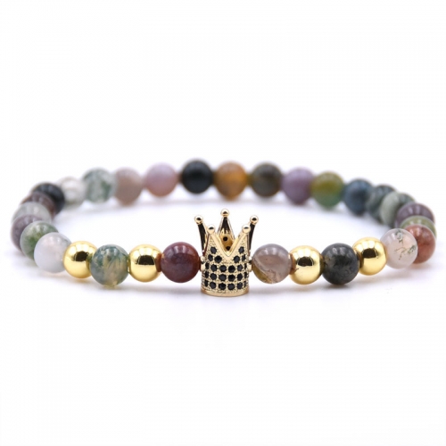 Natural Fancy Jasper Gold Crown Bracelet Lucky Gold Cross And Owl Charm Jewelry