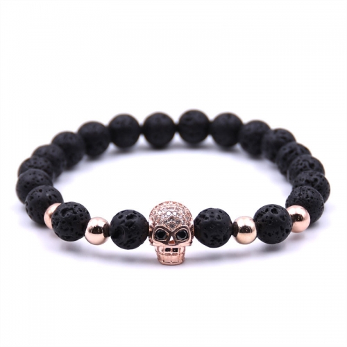 Handmade Men CZ Skull Black Lava Rock Stone Beads Buddha Bracelet Charm Jewelry