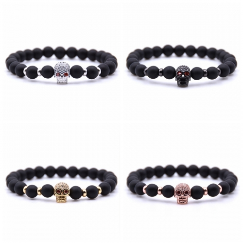 Fashion Zicron Skull Head Matte Black Onyx Round Beads Bracelets Gift for Men