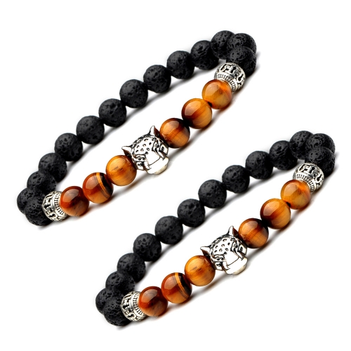 Electroplated Leopard Head 8mm Quality Tiger Eye Natural Volcanic Stone Bracelet