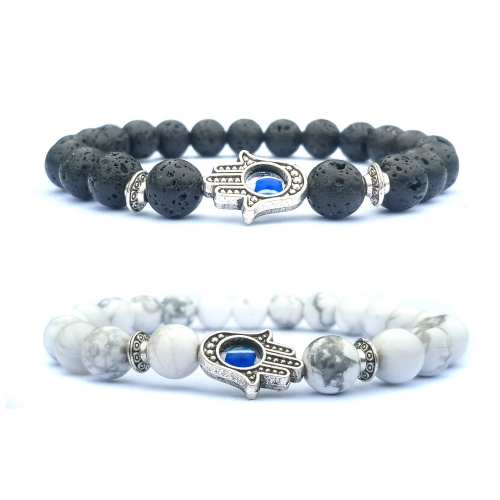 Mala Evil Eye Lava Howlite Stone Beads Stretch Flying Saucer Charm Bracelets