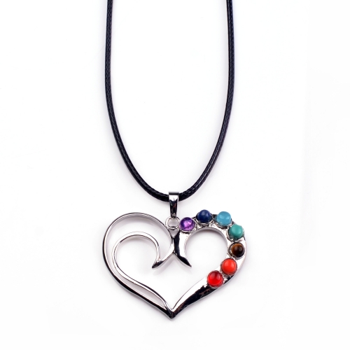 Fashion 7 Chakra Stone Pentacle Love Heart-shaped Pendant Charm Necklace