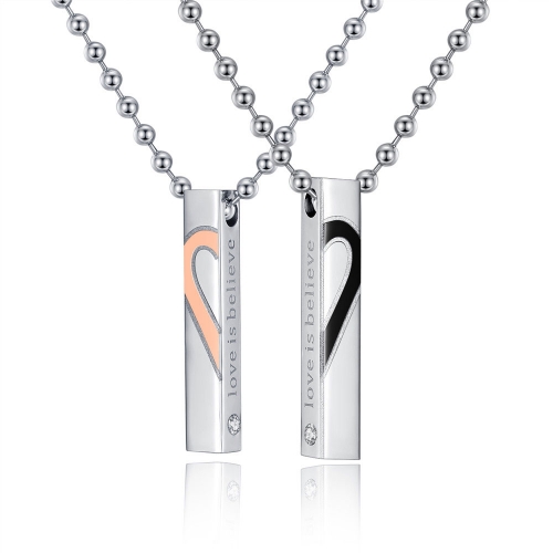 Couples Necklace with Rectangle Titanium Stainless Steel Pendant,His & Hers Matching Set Lovers Gift(Love Devotion)
