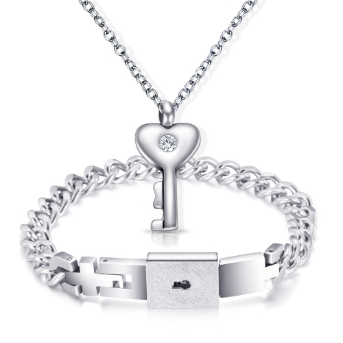 Stainless Steel Love Lock Bracelet Bangle Heart Key Pendants Necklace Fashion Couples Jewelry