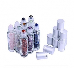 Gems Mini Clear Glass 10 ml Roller Balls for Essential Oils - Small Glass Roller Bottles with Decorative Tops & Tumbled Gemstone Chips Inside
