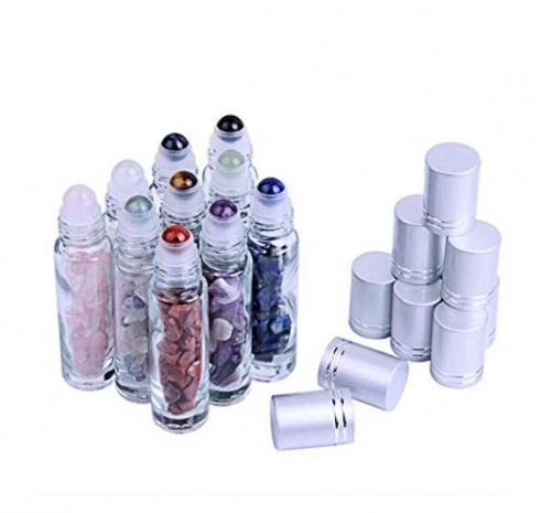 Gems Mini Clear Glass 10 ml Roller Balls for Essential Oils - Small Glass Roller Bottles with Decorative Tops & Tumbled Gemstone Chips Inside