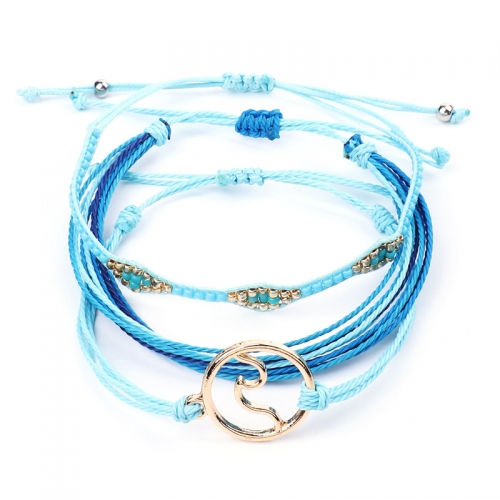 Blue Girl Leather Charm Bracelet Fashion Multilayer Women Adjustable Bangle