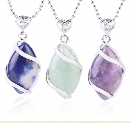 Silver Wrapped Oval  Gemstone Pendant Necklace for women
