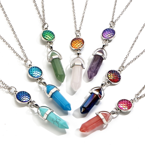 Fashion Crystal Hexagonal Column Quartz Necklace Jewelry, Vintage Natural Stone Bullet Pendants