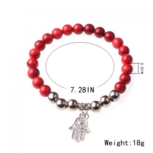 Red Coral 8MM Bead Bracelet with Band and 6PCS Stainless Steel Silver 8mm Lucky Round Bead Metal Beaded Charm Elastic Bracelet Women Gift