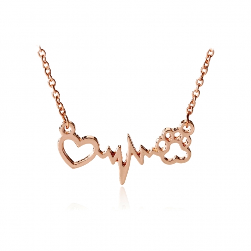 Cute Dog Cat Bear's Paw Print Heart Pendant Wave line Electrocardiogram ECG Necklace Silver/Gold
