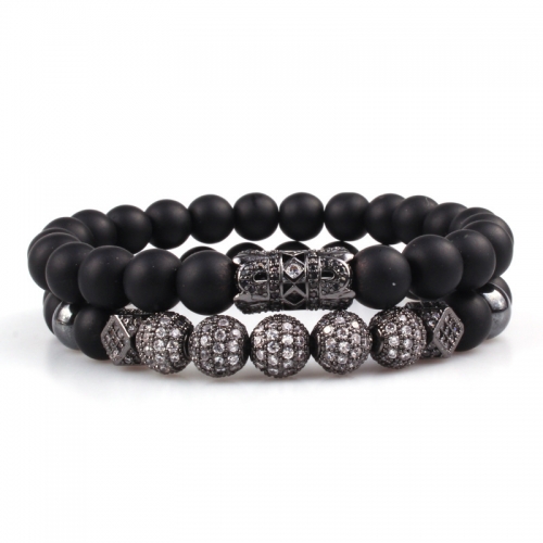2PCS Black Prayer Beads Bracelet for Men Women CZ Rhinestone Crystal King Crown Couple Set Bracelets Bangle Gift Box