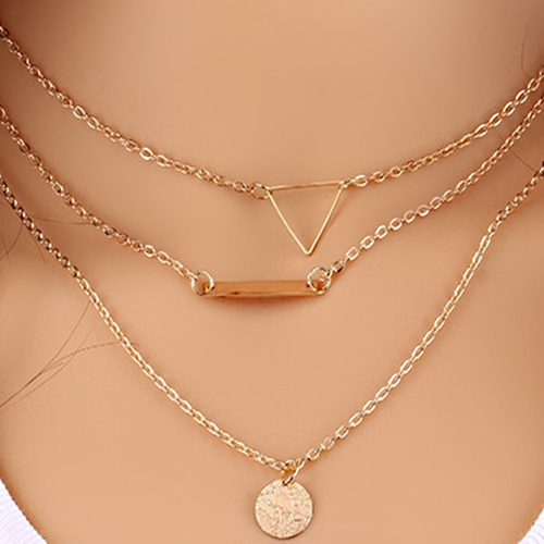 Fashion Layered Gold Necklace Coin Symbol Chain Triangle Pendant Multilayered Short Necklaces Jewelry for Women and Girls