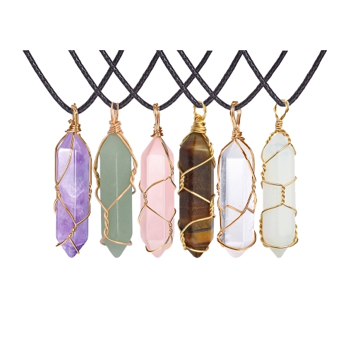 Hexagonal Crystal Pointed Quartz Pendants Natural Healing Crystal Necklaces Reiki Chakra Charm Pendant Necklace with Tree Wire Wrapped Gemstone Pendan