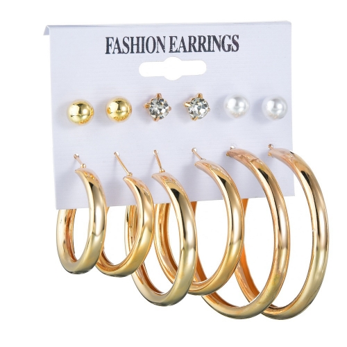 Exaggerated large circle earrings 6 piece stud earring set with pearl and diamond earrings