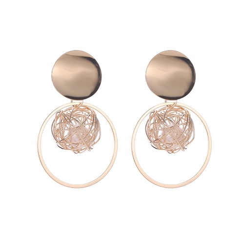 Hollow gold ball pearl stud earrings with metal circle pendant earrings