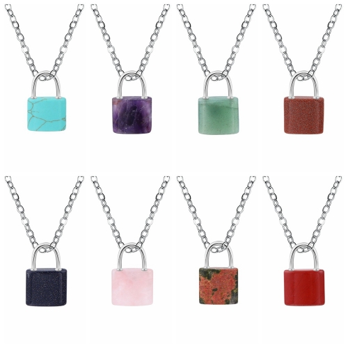 Natural Gemstone Lock Pendant Necklace for Women Men with 45CM Silver Chain