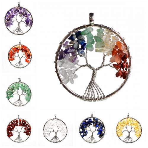 Tree of Life Pendant Natural Stone Crystal Men and Women Cure Energy Necklace Gemstone Earrings Keychain Jewelry